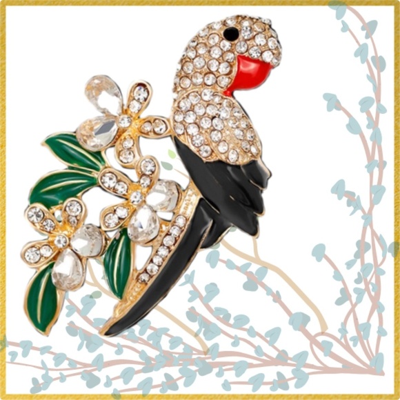 Parrot Brooch Pin Back Crystal Rhinestone Leaves Branches - Pin Back- Detailed - Picture 7 of 7